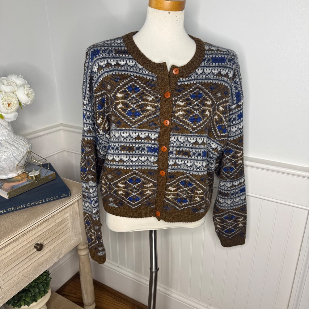 Vintage Crescendo Fair Isle Wool Blend Cardigan Sweater Brown Blue Large HK
